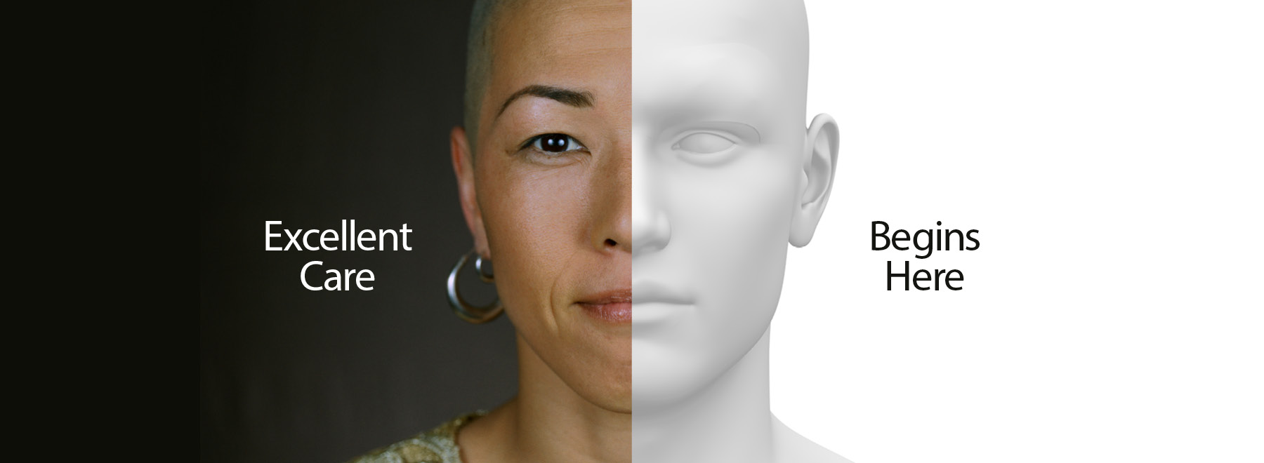 Graphic half simulation mannequin face, half woman's face. Text says 